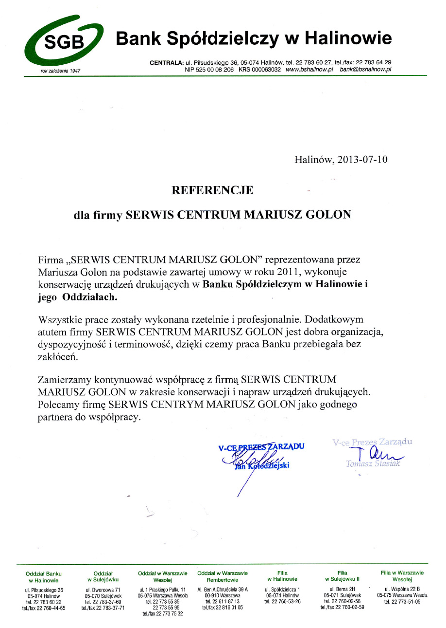 List referencujny Bank Spółdzielczy w Halinowie